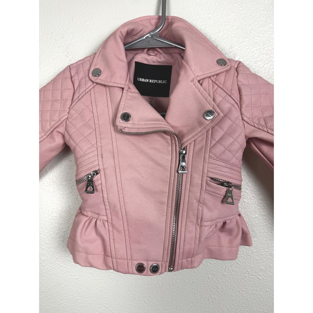 Urban Republic Moto Jacket Girls 2T Pink Faux Leather Peplum Quilted Biker Coat